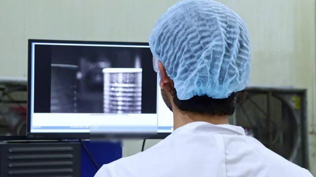 Male QC worker looks at the screen controlling the metal detector scanner X-ray machine canned fish on the production line contaminants in canned food before packing into boxes in the packing room.