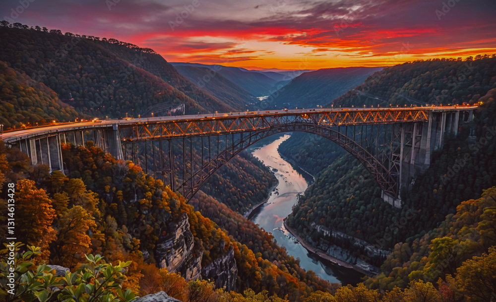 Aufkleber bridge spans a river with a beautiful orange sky in the background. the bridge is illuminated by lig