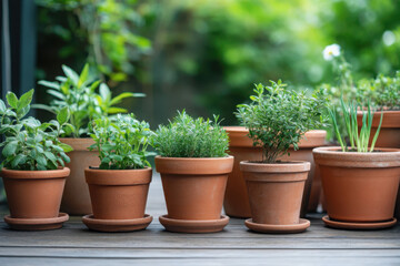 Beautifully arranged plant pots with green plants on a patio