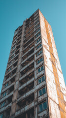 Fototapeta premium Abandoned high-rise building with peeling paint and broken balconies against a clear blue sky, symbolizing urban decay and neglect