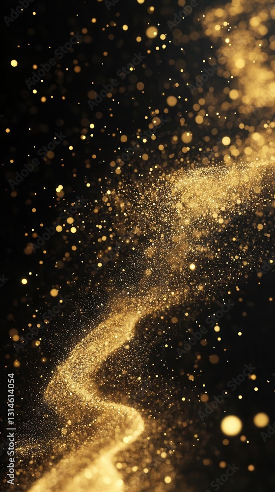 Poster magical gold glitter spiral dancing in dark space with sparkling particles creating elegant motion t
