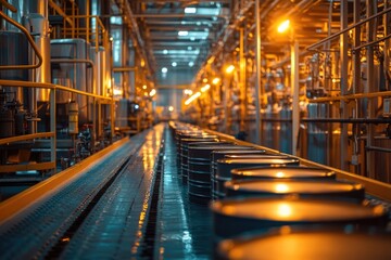 Fototapeta premium Industrial Conveyor Belt with Metal Barrels at Factory