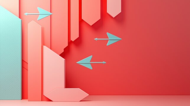 Abstract 3D geometric arrows pointing forward on a coral background