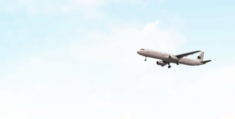 ULTRA HD. Airplane flies in blue sky. Travel. Airplane takes off against the background of blue sky.	