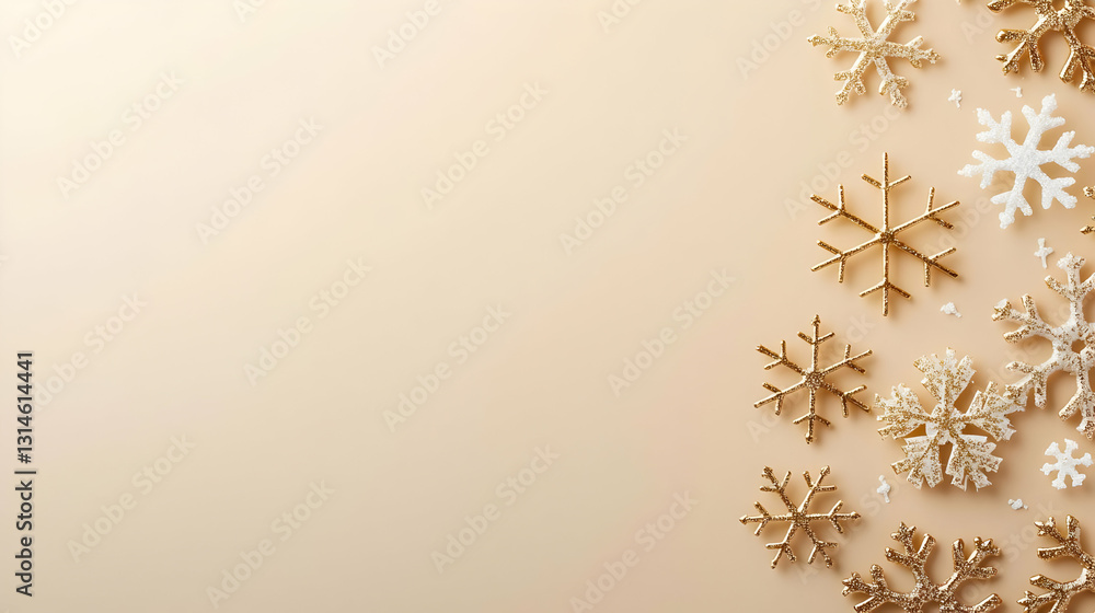 Poster elegant festive background golden and white snowflakes arranged on a soft beige backdrop with ample 