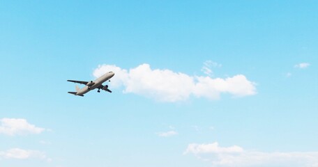 ULTRA HD. Airplane flies in blue sky. Travel. Airplane takes off against the background of blue sky.