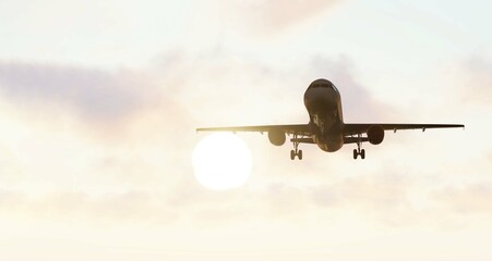 ULTRA HD. Airplane flies in sunset sky. Travel. Airplane takes off against the background of sunset sky. 