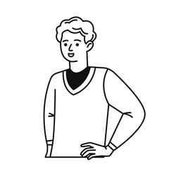 The young man keeps his hands on his waist. The male character is a doodle. Vector black and white illustration in a flat linear style