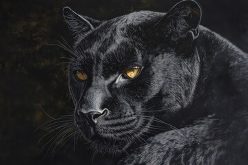 Majestic Black Panther Portrait with Piercing Golden Eyes Against Dark Background Perfect for Wildlife and Nature Photography