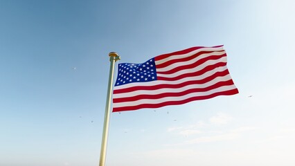 Flag of United States waving in the wind, sky and sun background. United States Flag. UHD. Flag of the United States.