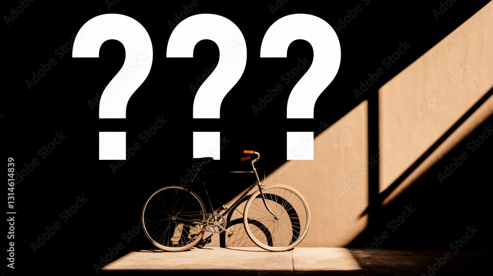 Aufkleber vintage bicycle against a beige wall, three large question marks above it, creating a mysterious and