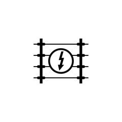 Warning icon depicting electric fence with danger symbol and lightning bolt. Isolated vector illustration.