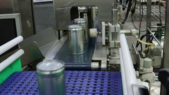 Cooked sardines packed in aluminum cans being passed through metal detectors, scanners and X-ray machines canning line contaminants in canned food before being packed into boxes in the packing room.
