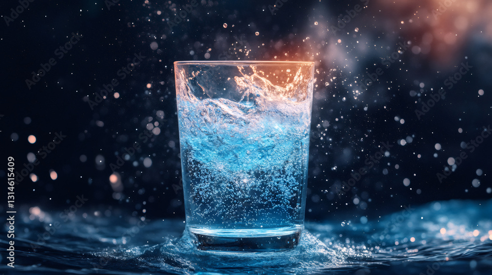 Poster Sparkling water glass brimming with effervescent bubbles splashing against shadowy background, creating luminous bokeh