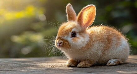 Obraz premium Adorable baby bunny sitting on wooden surface, sunny outdoor setting