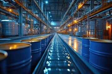 Naklejka premium Industrial Factory Interior with Conveyor Belt and Barrels