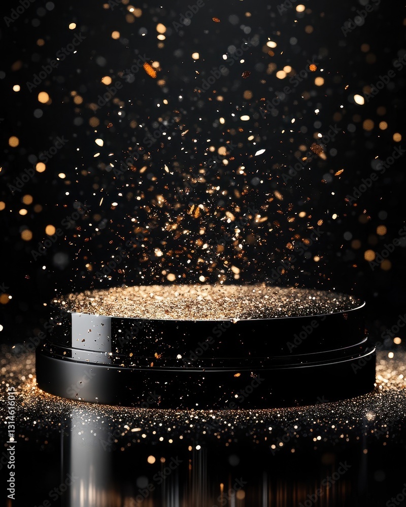 Poster minimalist black stage platform with dynamic spotlight and floating golden particles creating luxury