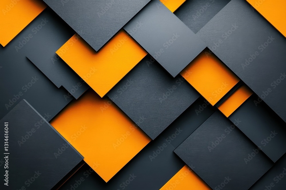 Poster Geometric arrangement of gray and orange squares creating a modern and dynamic background with a textured surface and a diagonal perspective