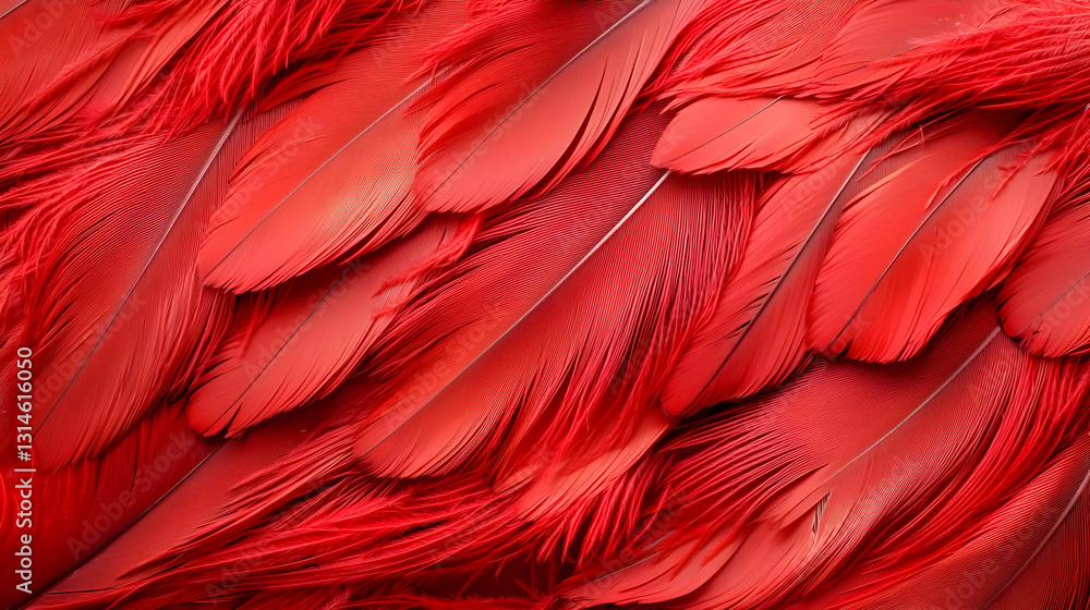 Poster vivid red feather texture background with lush overlapping layers and soft lighting in macro detail