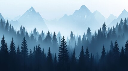 Obraz premium Misty pine forest with soft sun rays piercing through
