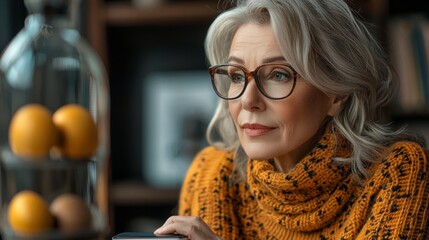 In the tranquil ambiance of her sunlit study, a silver-haired woman, wisdom etched into her face, meticulously calculates her retirement savings A thoughtful frown creases her brow as she ponders the