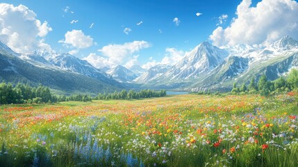Fototapeta premium A picturesque landscape featuring a colorful flower-filled meadow surrounded by majestic mountains under a bright blue sky with fluffy clouds.