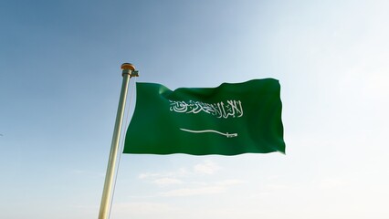 Flag of Saudi Arabia waving in the wind, sky and sun background. Saudi Arabia Flag. 