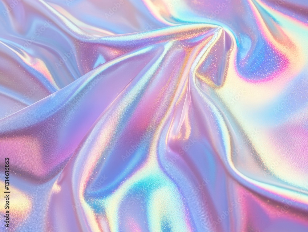 Poster iridescent fabric with pastel colors and soft texture creating a dreamy and futuristic backdrop