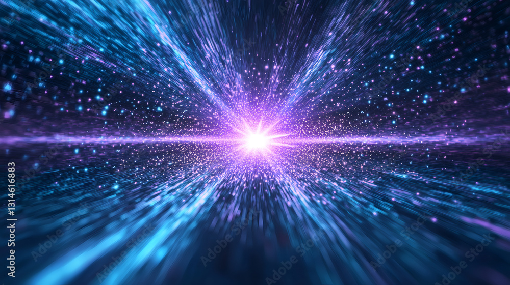 Poster Luminous particle streams and radiant light trails depicting high-speed interstellar transportation through cosmic hyperspace