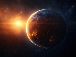 Fototapeta premium Exploring the luminous wonders of a cosmic realm with a giant gas planet glowing in the foreground at dusk. Generative AI