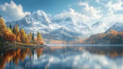 Obraz premium A serene landscape featuring majestic mountains, autumn trees, and a calm lake reflecting the vibrant colors of nature.