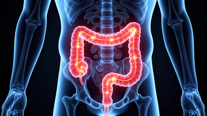 An illustration of the human digestive system, highlighting the intestines with glowing effects, showcasing anatomy in a vivid, educational manner.