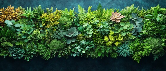 Fototapeta premium Lush Green Vertical Garden Wall of Assorted Plants and Foliage