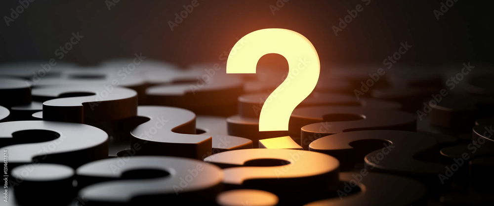 Poster Glowing large question mark stands out among many dark question marks, symbolizing unique solution or finding answers, perfect for problem-solving or FAQ concepts