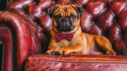 Obraz premium Pug dog, red bow tie, leather chair, indoors, portrait