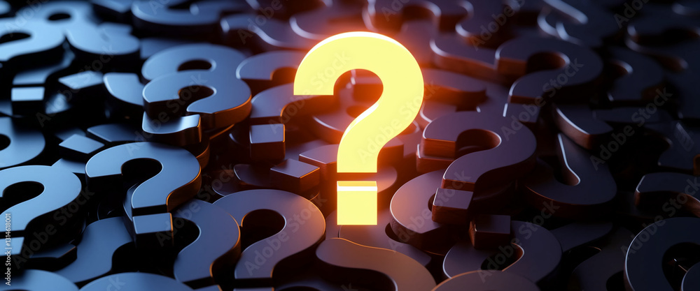 Poster Glowing yellow large question mark amidst many dark question marks, symbolizing finding answers, problem-solving, or unique solutions