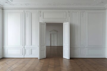 Elegant empty room, open doorway, classic interior, parquet flooring