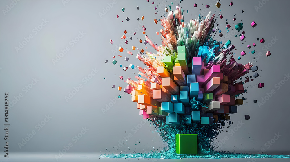 Poster 3d render of colorful cube explosion