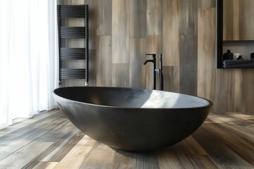 Wood Look Tile. Modern Bathroom Interior Design with Oval Black Bathtub