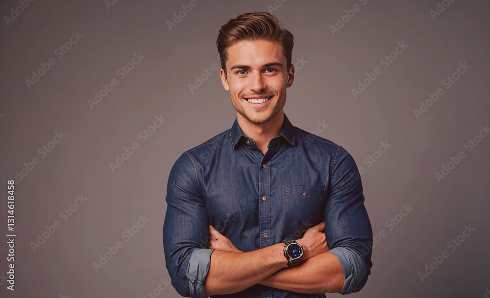 Poster man in a blue shirt is smiling and wearing a watch. he is posing for a picture