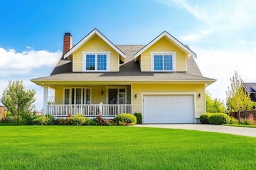 Charming yellow house with manicured lawn and inviting porch.