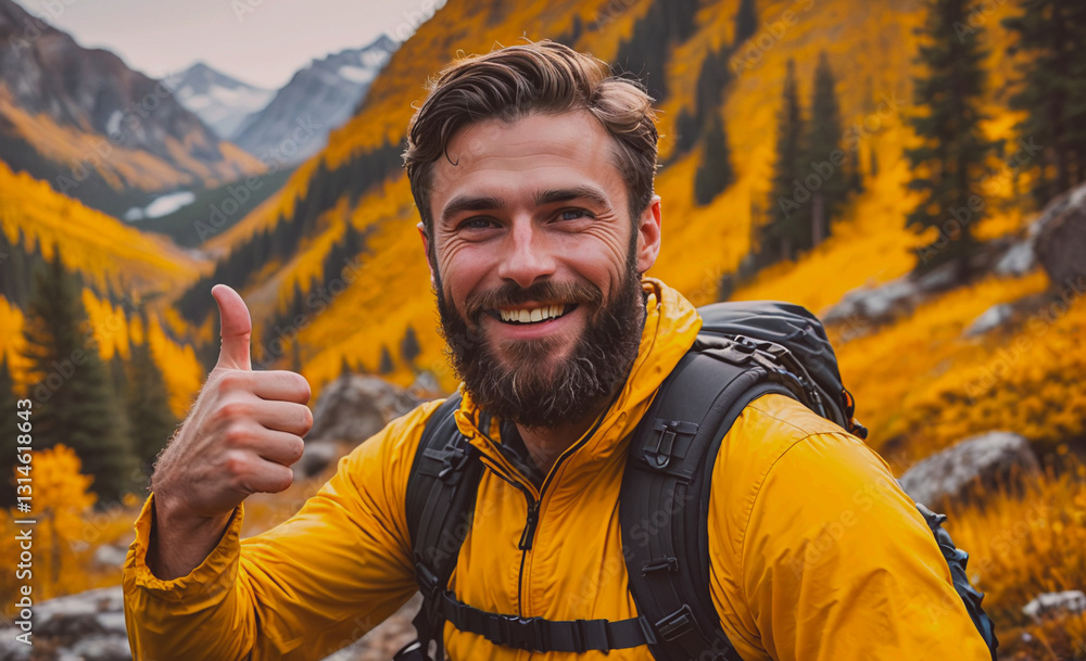 Poster man with a beard and a backpack is smiling and giving a thumbs up. he is wearing a yellow jacket and