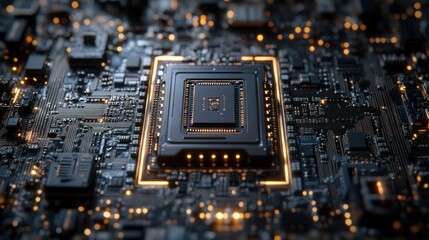 Fototapeta premium High-Tech Microchip Close-Up: A Detailed Look at Modern Circuitry and Processing Power