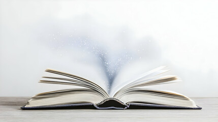 Open Book With Magical Glowing Light Effect On Rustic Wooden Table In Bright White Background