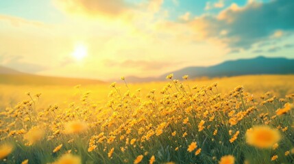 Fototapeta premium Yellow Yarrow Blooming in Summer Field. Unusually Beautiful Flower Inflorescence
