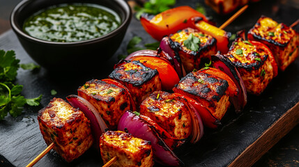 Grilled paneer tikka skewers with colorful vegetables and fresh green chutney on a black serving board, showcasing a vibrant and appetizing Indian cuisine dish perfect for a vegetarian meal