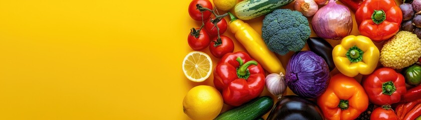 Colorful fresh vegetables on yellow. Healthy food. Banner