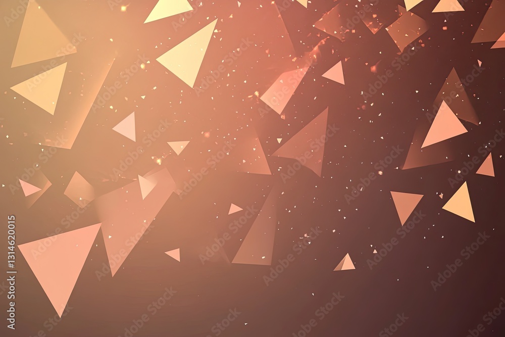 Poster abstract background with floating orange and brown triangles and sparkling dust particles