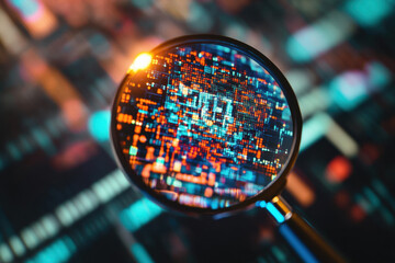 Magnifying glass revealing colorful digital code on a computer screen, highlighting complex data analysis and cybersecurity concepts.