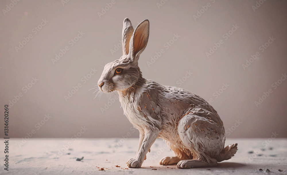 Poster Rabbit is sitting on a table. The rabbit is white and has long ears. The rabbit is looking at the camera